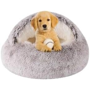 Grey Hooded Cave Bed for Cats & Dogs - Plush Donut Nest, Calming and Cozy Shelter, Washable with Waterproof Base (23.6"x23.6")