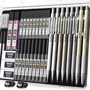 Nicpro 37PCS Metal Mechanical Pencil Set, 8PCS Lead Drafting Pencil 0.5, 0.7, 0.9 mm & 2mm Lead Pencil Holder For Sketching Drawing With 20 Tube (6B 4B 2B HB 2H 4H Colors)Lead Refill Eraser -With Case