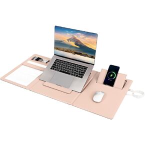 4-in-1 Laptop Stand for Desk Built-in Wireless Charging Pad, 15W, Qi-Certified, PU Leather Wireless Charging Mouse Pad, Laptop Holder on Top of Desks for Office