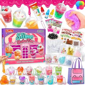 Slime Boba Tea Making Kit for Girls Ages 8-12, 12 Bubble Tea Cups and Bag, 500ml Clear Slime, 14 Add-ins, DIY Sweet Toys, Stress Relief Toys, Party Favors for Kids Girls Boys 6 7 8 9 10 11 12