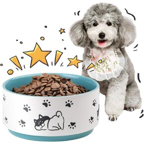 Ceramic Dog Bowl Dog Dish - 6 Inch Dog Food Bowl for Small to Medium Dogs - Dog Feeding Bowl with Happy Doggie Pattern - Cute Dog Water Bowl - Microwave and Dishwasher Safe - 2 Cups - 30 fl oz - Teal