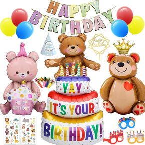 Bear Party Supplies - Birthday Party Decorations for Children,Contain a Birthday Banner,5 Foil Balloons,6 Latex Balloons,a Acrylic Golden Cake Topper ,Great for Children Birthday Party