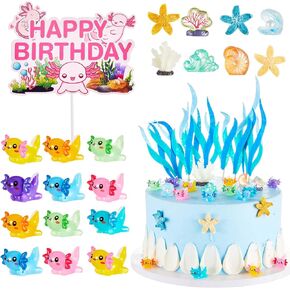 26 PCS AXOLOTL حفلات عيد ميلاد تشمل 1 كعكة Topper 3 أكياس البحر الاصطناعي 22 PC