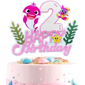 Pink Shark 2nd Birthday Cake Topper for Baby Girl, 1pcs, 3 Items, Non-Edible, 7x5.7 inches, Pink