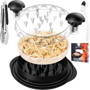 3 layer Ergonomic Chicken Breast Shredder with Transparent Lid, Visible Meat Shredding Machine, Anti-Slip, Heat Resistant, Dishwasher Safe, BPA Free, Includes Brush, Separate Plate &Tong