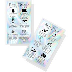 Boutique Marketing LLC Permanent Makeup Aftercare Instructions Card | 50 Pack | 2x3.5 inches Business Card Size | PMU Non-Reflective Matte Holographic Look Design, rainbow, blue, black