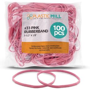 PlasticMill Pink Rubber Bands Size 33 (3 1/2" x 1/8") - #33 Colored Rubber Bands Office Supplies - Strong, Elastic Bands for Crafts, Balloon Garland, Cash, File Folders (100-Pack)