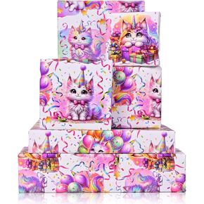 Vnaaem Cat Birthday Wrapping Paper for Girls Kids - Colorful Gift Wrap for Holiday Party Baby Shower Wedding Birthday, 19.6 X 27.8Inch Per Sheet(6 Sheets)