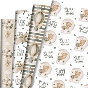 Dtiafu Baby Shower Wrapping Paper 12 Sheets Baby Gift Wrap with Green Brown Bear Airplane Hot Air Balloon for Girls Boys Wedding Baby Shower Birthday Party - 20 x 28 Inch Per Sheet