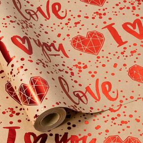 RUSPEPA Valentine's Day Kraft Wrapping Paper Roll, Mini Roll, Foil Red Diamond Heart and I Love You Text Gift Wrap Paper for Valentine's Day, Anniversary, Wedding and More, 17 Inches X 32.8 Feet