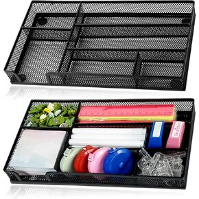 Ysglory 2Pcs Desk Drawer Organizer Tray Office Metal Mesh Drawer Divider Organizer With 6 Compartments Black Mesh Pencil Organization and Accessories for Stationery Makeup Kitchen