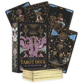 CALMORA TRIDEVIA Tarot Cards with Guide Book (78 بطاقة)-سطح تارو مستوحى من رايدر مع معاني للمبتدئين والخبراء-التفاصيل الذهبية المعقدة والحواف المذهلة الفاخرة
