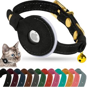 OOPSDOGGY Reflective Leather AirTag Cat Collar with Bell - Non Breakaway Adjustable Pet Collar with Apple Air Tag Holder - Lightweight GPS Kitten Collars for Small Dogs Puppy (Camel)