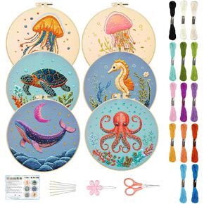 ACRNIGHEET 6PCS Embroidery Kit for Beginners Animals Embroidery Kit Sea Animals Embroidery Starter Kit with Instructions, Including 6 Stamped Embroidery Cloth and Various Accessories, DIY Kit