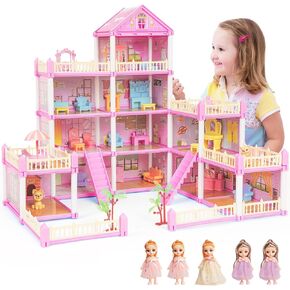 Dolls House for Girls, DIY Pink Dollshouses Toy Dollhouse Rooms Playset with Dolls Figure, Puppies,and Furniture & Accessories, Toy Playhouse Gifts for Kids 3 4 5 6 7 8 9+ Year Old