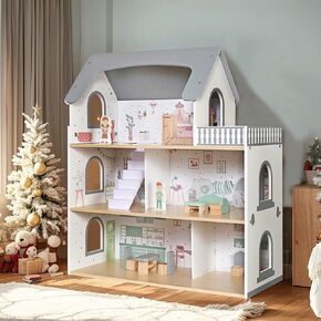 Wooden Dream Playhouse for Girls With Covons ، Doll House for Kids with Furniture ، DIY Prinent Dolls Play House Toy ، ألعاب Doll -Toys مع 12 PCS ، هدايا أعياد الميلاد للفتيان الذين تتراوح أعمارهم بين 3+
