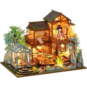 Yuzhen DIY Miniature Dollhouse with Furniture and LED Lights, Ancient Style Wooden Dollhouse Includes Dustcover and Music Movement, Exquisite Home Decor