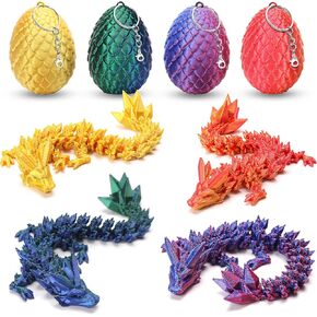 4PCS Mini 3D Printed Dragon Eggs with Dragon Inside,Articulated Crystal Dragon in Egg,Mystery Crystal Dragon Egg Fidget Toys for Easter Birthdays Gifts,Easter Eggs Decorations (with Keychain)