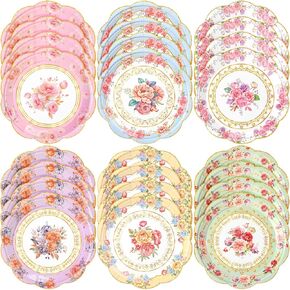 Zhehao 48 Pcs 7 Inch Vintage Floral Dessert Plates Watercolor Disposable Paper Plates Scalloped Retro Flower Decorative Plates for Birthday Wedding Baby Shower Tea Party Decor Supplies, 6 Styles