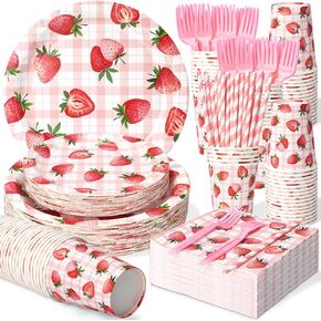 300 PCS STRAWBERRY PLATES و NEDKINS TABIME SET ، لوحات CAPS CUPS Cups Straws and Forks ، مستلزمات عيد ميلاد حفلات الفراولة ، زخارف عيد ميلاد الفراولة القصير ، تقدم 50 ضيفًا