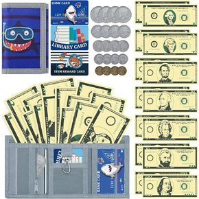 DEEKI 37PCS Play Money Coins and Cards with Wallet, Safety Wallet Toys for 3+ Year Old Kids Math Learn Teach Count, Purse for Toddler Boys and Girls Early Educational and Develops-Shark Black