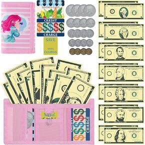 DEEKI Play Purse with Pretend Money Coins and Cards(37 pcs), Shopping Toys with Wallet and Fake Bills Coins Cards Coupon for Girls and Boys, Early Develop Wallet for Kids Learn Math -Mermaid