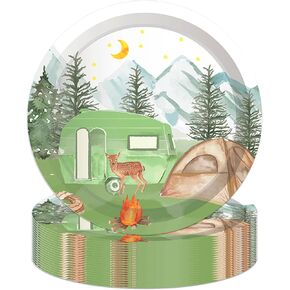 7" Camping Paper Plates Celebrate Party Tableware Round Sage Green Camp Van Camping Disposable Dinner Paper Plates Set Camping Theme Party Paper Plates Festival Party Supplies(24 pcs)