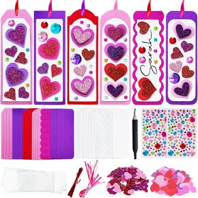 ArtCreativity 314 PCS Valentine’s Day Bookmark Craft Kit - Makes 24 Bookmarks - Valentine Crafts for Kids Classroom - Valentines Bookmark Craft Kit with Hearts, Glitter Stickers, Rhinestones, Ribbons