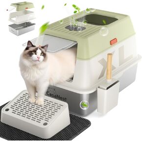 XL Extra Large Stainless Steel Cat Litter Box with Lid, 3-in-1 Enclosed/Open, Durable Metal Litter Box for Big, Multi Cats, Non-Stick, Includes Scoop, Mat, Odor Control Easy Cleaning, Green
