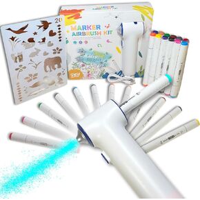 Airbrush Marker Sprayer Set for Kids - 24 Washable Markers & 20 Stencils - Fun Arts & Crafts Kit for Ages 5-9 - Creative Gift for Boys & Girls - Cordless Rechargeable Electric