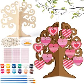 Valentine's Day 3D Wooden Heart Trees Craft Kits, Coloring Valentines Heart Trees Decorations, DIY Wooden Heart Craft Ornaments for Kids Home School DIY Art Activities Supplies (12 Pack)