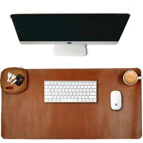 LEATHER VILLAGE -32X16 Real Leather Desk Mat for Desktop & Laptop, with Leather Tray & Tea Coaster, 3mm Thick Genuine Leather Desk Cover-Protector-Blotter- Tan Color
