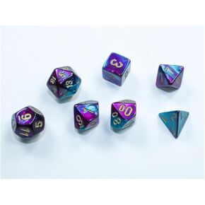 Purple and Teal Gemini Mini Dice with Gold Colored Numbers 10mm (3/8in) Set of 7 Chessex