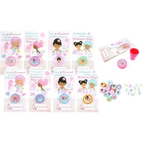 Tiny Mills 36 PACK Rainbow Mermaid Valentine's Day Cards with Stampers for Valentine's Day Classroom Exchange African American Girl Birthday Party Favor Prizes