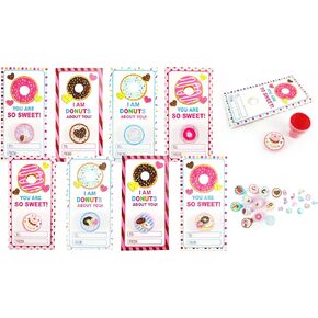 Tiny Mills 36 PACK Donuts Cards with Donuts Stampers for Valentine's Day Classroom Exchange Birthday Party Favor Prizes Valentine's Day