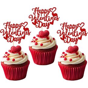 24 Pack Happy Valentine's Day Cupcake Toppers with Heart Glitter Sweet Love Theme Valentine's Day Cupcake Food Picks Valentine's Day Theme Birthday Party Cake Decorations Supplies Red