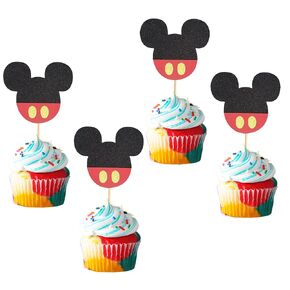 24Pcs Mouse Inspired Cupcake Toppers with Bow Mouse Cake Decorations for Baby Shower Wedding Kids Birthday Party Cake Decorations Supplies - Black Red Glitter