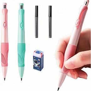 Handwriting thick mechanical pencils with grip: 2.0MM HB Pencil for kids with 14 leads (2 pack red&green)