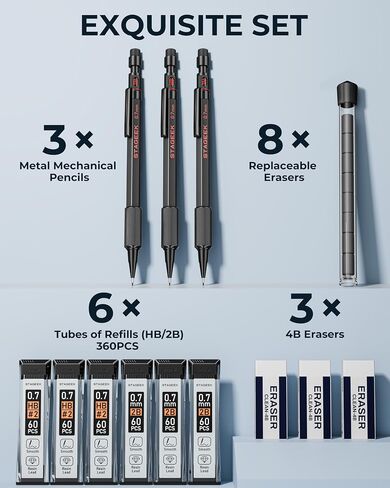 0.7mm Mechanical Pencil Set, 3PCS Metal Mechanical Pencils 0.7mm with 6 Tubes HB & 2B Lead Refills,Erasers, Weatherproof Artist Pencils with Case for Outdoor Writing Drafting Drawing in Kuwait