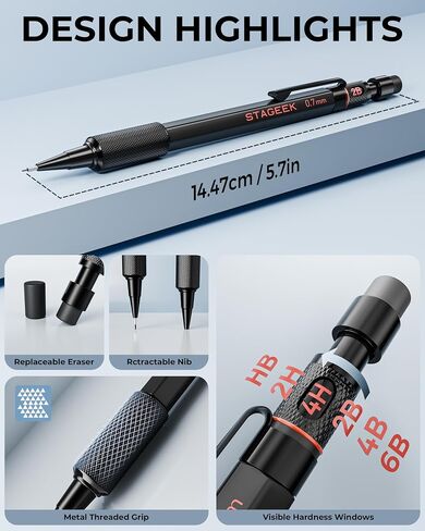 0.7mm Mechanical Pencil Set, 3PCS Metal Mechanical Pencils 0.7mm with 6 Tubes HB & 2B Lead Refills,Erasers, Weatherproof Artist Pencils with Case for Outdoor Writing Drafting Drawing in Kuwait