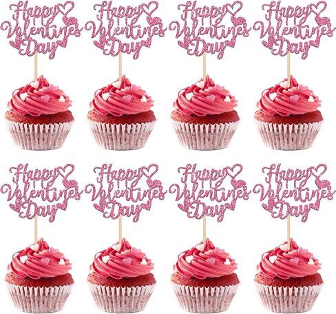 24 Pack Happy Valentine's Day Cupcake Toppers with Heart Glitter Sweet Love Theme Valentine's Day Cupcake Food Picks Valentine's Day Theme Birthday Party Cake Decorations Supplies Red in Kuwait