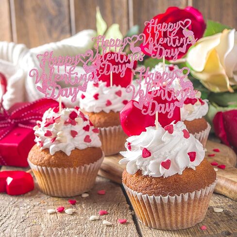 24 Pack Happy Valentine's Day Cupcake Toppers with Heart Glitter Sweet Love Theme Valentine's Day Cupcake Food Picks Valentine's Day Theme Birthday Party Cake Decorations Supplies Red in Kuwait