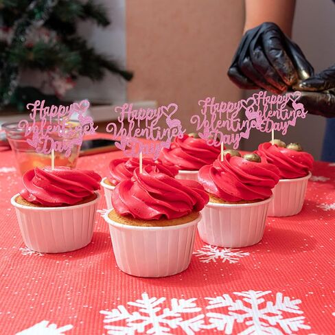 24 Pack Happy Valentine's Day Cupcake Toppers with Heart Glitter Sweet Love Theme Valentine's Day Cupcake Food Picks Valentine's Day Theme Birthday Party Cake Decorations Supplies Red in Kuwait