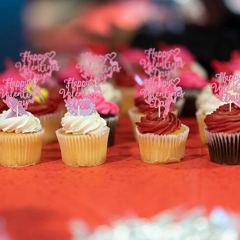 24 Pack Happy Valentine's Day Cupcake Toppers with Heart Glitter Sweet Love Theme Valentine's Day Cupcake Food Picks Valentine's Day Theme Birthday Party Cake Decorations Supplies Red in Kuwait
