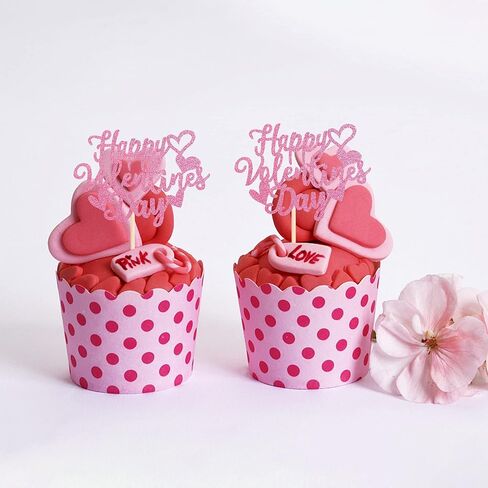 24 Pack Happy Valentine's Day Cupcake Toppers with Heart Glitter Sweet Love Theme Valentine's Day Cupcake Food Picks Valentine's Day Theme Birthday Party Cake Decorations Supplies Red in Kuwait