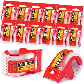 VEESA Heavy Duty Packing Tape 12 Rolls (1.88" x22.2 yd) with Dispenser - Clear, Super Strong Adhesive & Easy Start for Moving Boxes, Office/Home Shipping Supplies