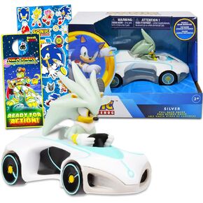 Sonic the Hedgehog Silver Toy Race Car Set - حزمة هدايا Sonic مع ملصقات Silver Pull Back Plus Plus والمزيد | مجموعة سيارات السباق الصوتية