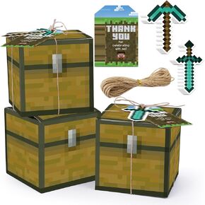 HOMEZZO Pixel Video Game Party Favor Boxes, Set of 16 Pixelated Goody Treat Boxes with Thank You Tags for Birthday Party (3.9 * 3.9 * 3.9 inches)