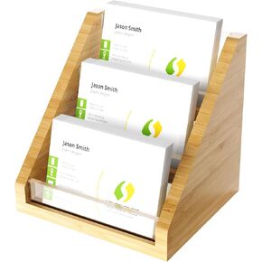 Sleek Bamboo Acrylic Business Card Holder for Reception, Office Desk, Meetings, Trade Shows, Home Office, Versatile Use Professional Display, Natural Modern Blend Elegant Organizer (3 Tiers)