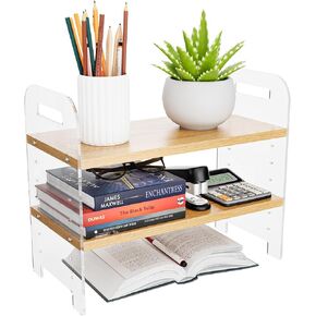 Wood Desk Shelf Organizer ، 2 Tier Wood Desktop Reshelfs Supplies Rack Storage Rack ، رف عرض خشب قابل للتعديل ، 15.7 "L x 13.3" H X 7.9 "W (Burlywood)